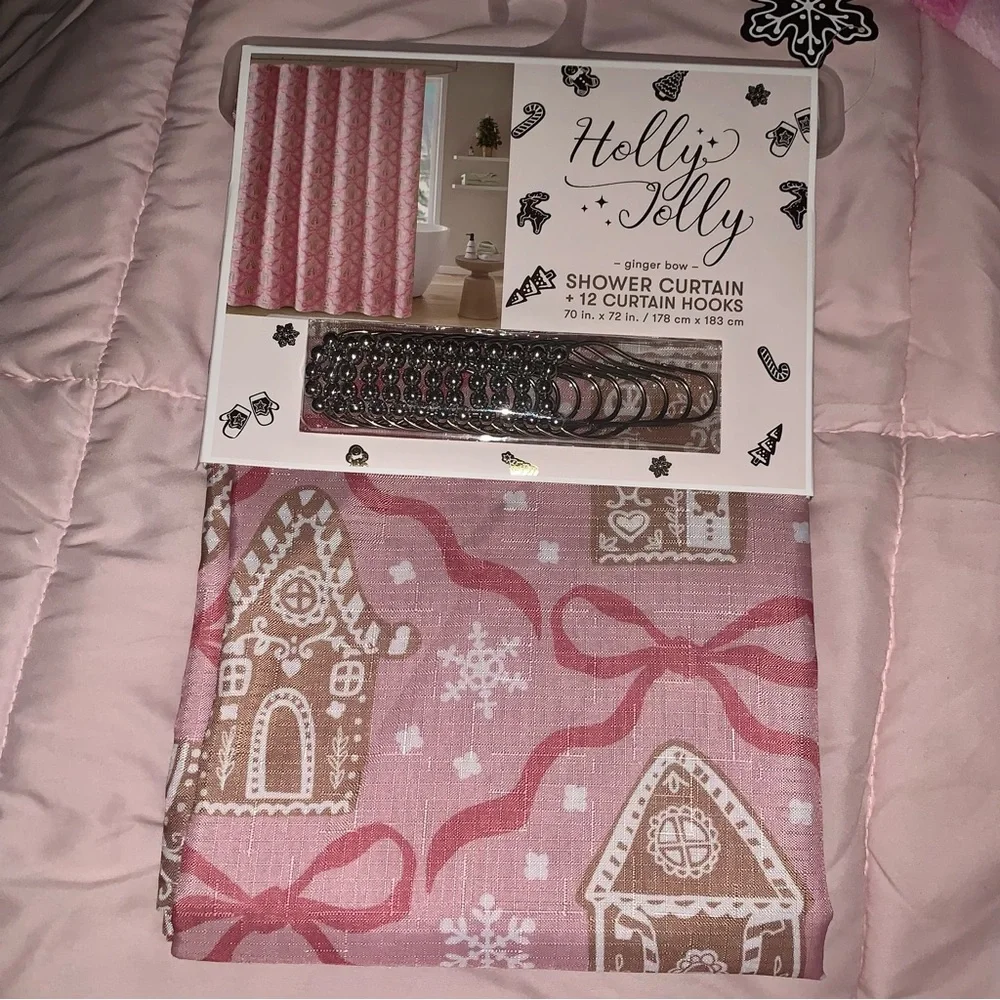 NEW Holly Jolly Pink Coquette Gingerbread Shower Curtain & Hooks NWT